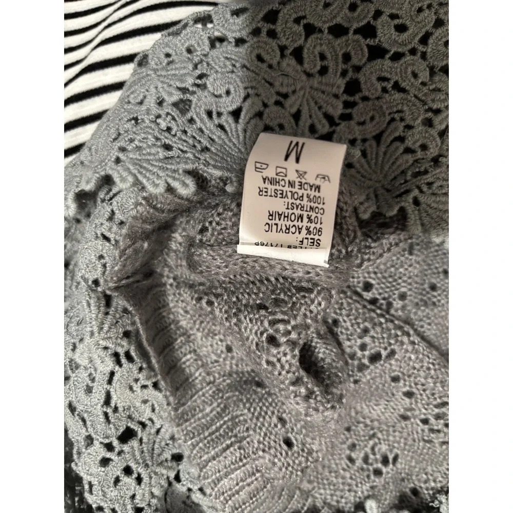 Basil Lola Gray Mohair Blend Knit Cardigan Sweater‎ Lace Trim Medium M
